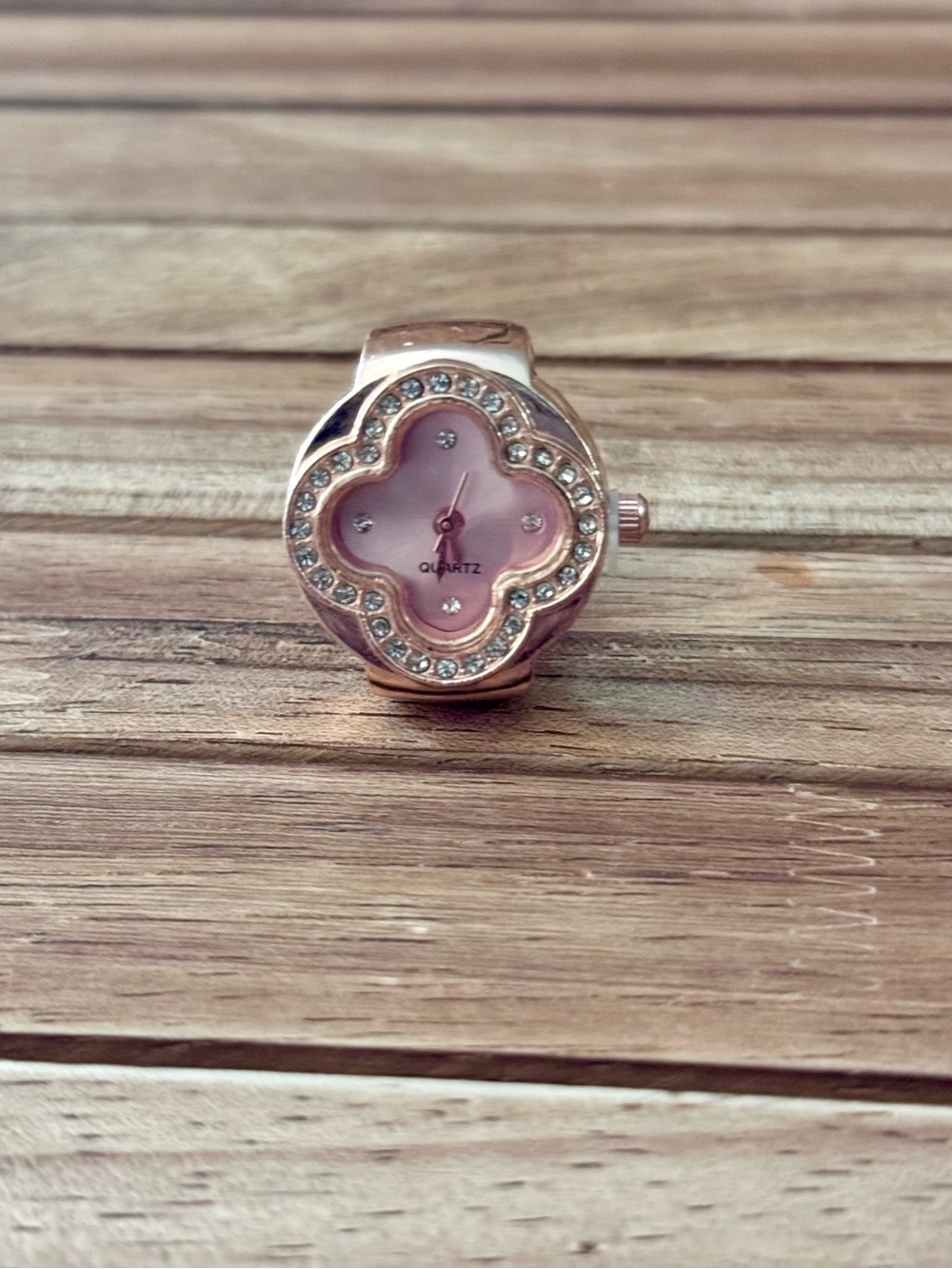 Quartz Pink Floral Ring Watch with Crystal Accents